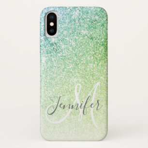 Girly Blue Green Glitter Blush Monogram Name iPhone X Case
