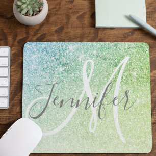 Girly Blue Green Glitter Sparkles Monogram Name Mouse Mat