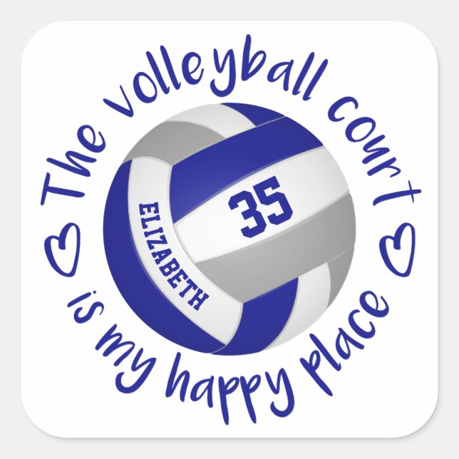 girly blue grey volleyball court my happy place square sticker (Front)