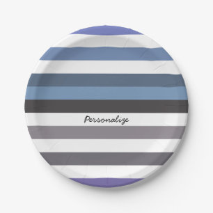Girly Blue Grey Wide Horizontal Stripes With Name Paper Plate