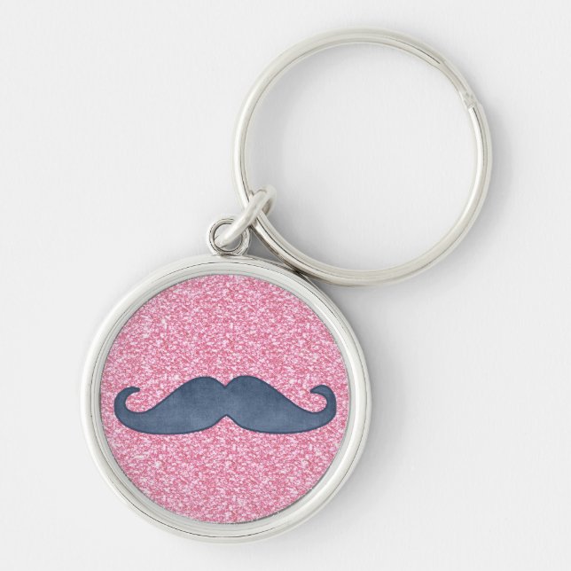 GIRLY BLUE MUSTACHE PINK GLITTER PHOTO KEY RING (Front)