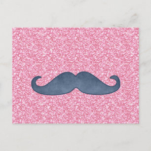 GIRLY BLUE MUSTACHE PINK GLITTER PHOTO POSTCARD