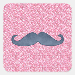 GIRLY BLUE MUSTACHE PINK GLITTER PHOTO SQUARE STICKER