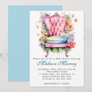 Girly Blue & Pink Floral Flower Chair Baby Shower Invitation