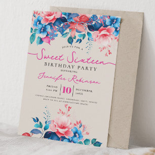 Girly Blue Pink Floral Sweet 16 Birthday Champagne Invitation
