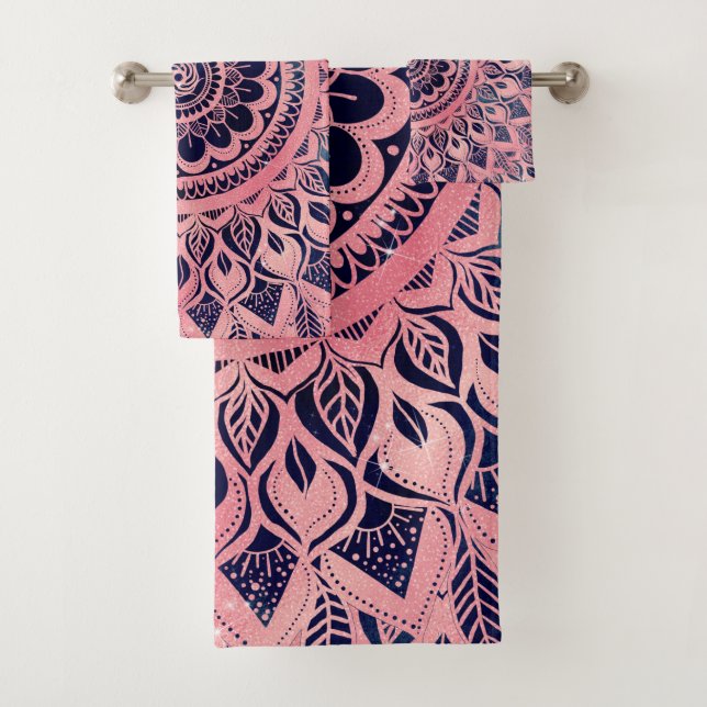 Girly Blue Pink Mandala Floral Bath Towel Set (Insitu)