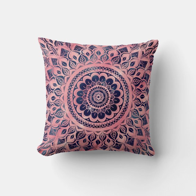 Girly Blue Pink Mandala Floral Cushion (Front)