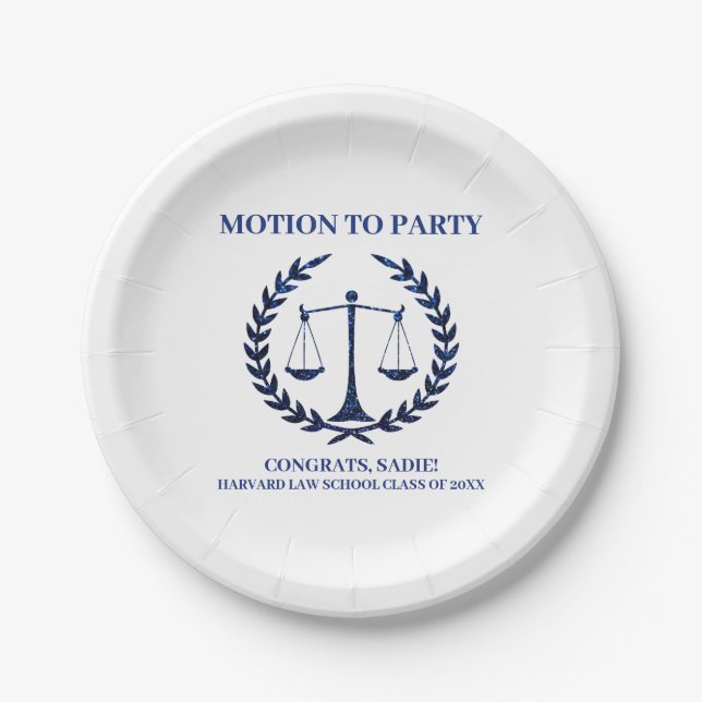 Girly Blue Sparkle Law School Graduation Paper Plate (Front)