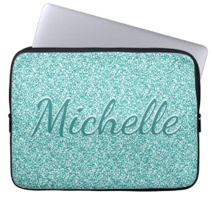 Girly Blue Sparkle Monogram Name Laptop Sleeve