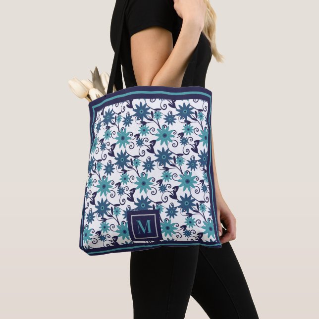 Girly Blue Turquoise Floral Pattern Monogram  Tote Bag (Close Up)