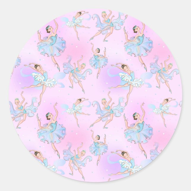 Girly Blue Tutu Ballerinas Pink Background Classic Classic Round Sticker (Front)