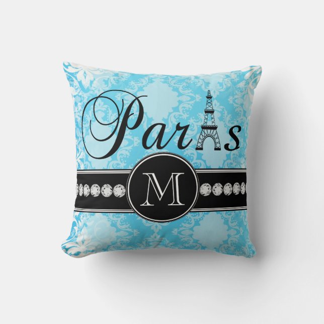 Girly Blue Vintage Damask Black Paris Monogram Cushion (Front)