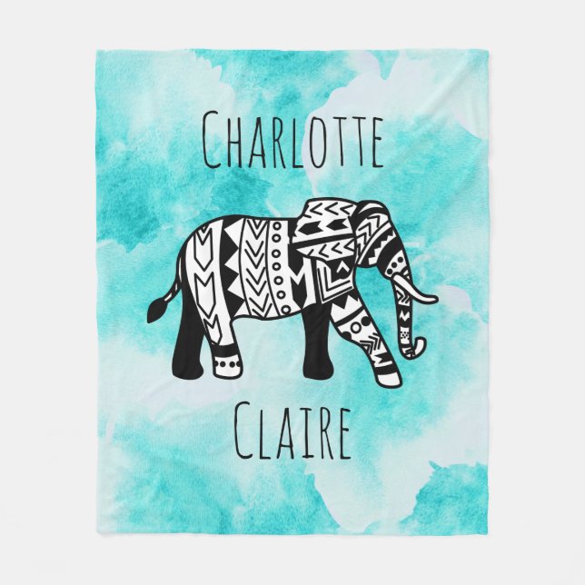 Girly Blue Watercolor Black & White Tribe Elephant Fleece Blanket (Front)
