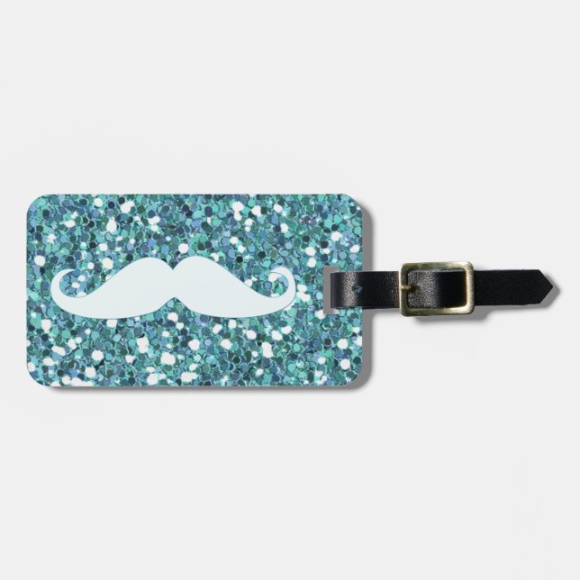 GIRLY BLUE WHITE MUSTACHE PRINTED GLITTER LUGGAGE TAG (Front Horizontal)