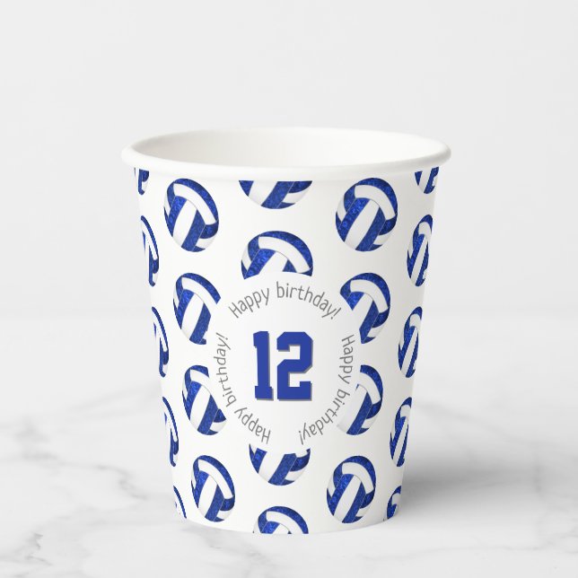 girly blue white volleyballs birthday party paper cups (Front)