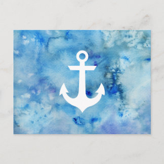 Girly Blue White Watercolor Nautical Anchor Postcard