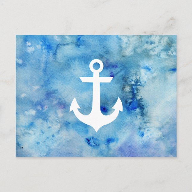 Girly Blue White Watercolor Nautical Anchor Postcard (Front)