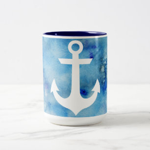 Girly Blue White Watercolor Nautical Anchor Two-Tone Coffee Mug