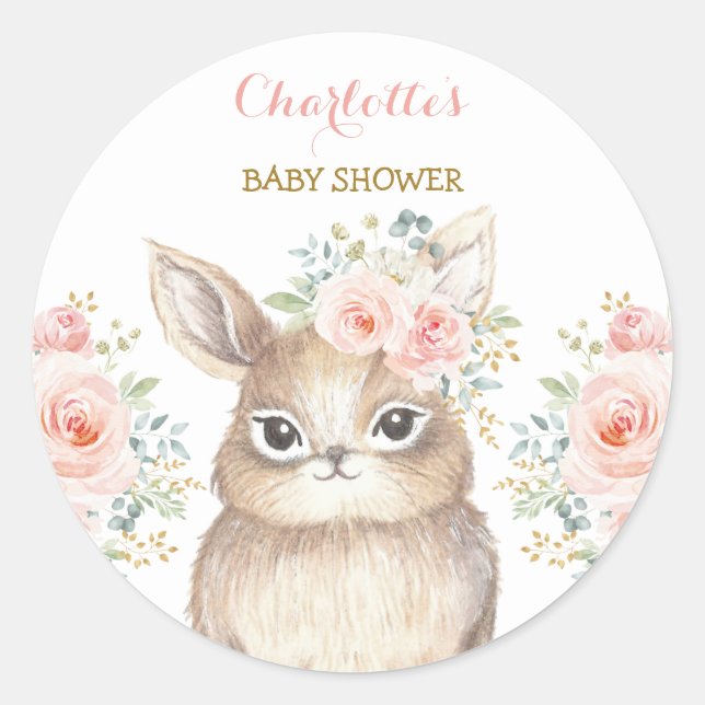 Girly Blush Bunny Rabbit Baby Shower Party Favour Classic Round Sticker (Front)