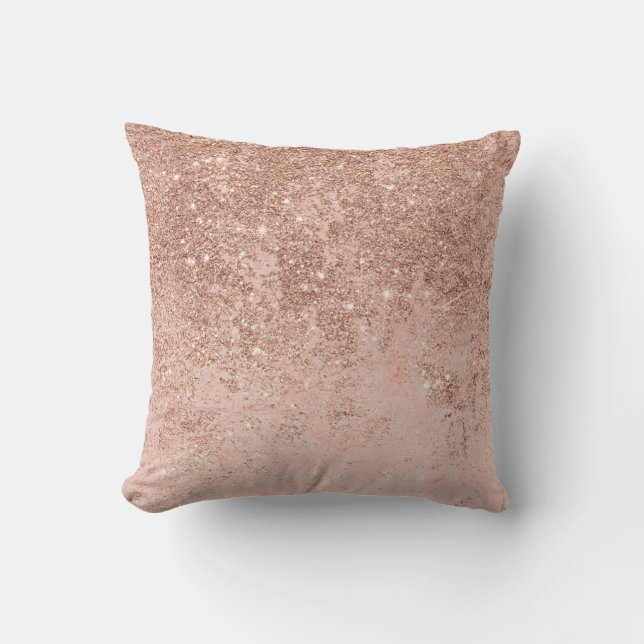 Girly blush coral faux rose gold glitter marble cushion (Front)