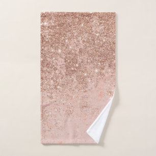 Girly blush coral faux rose gold glitter marble hand towel