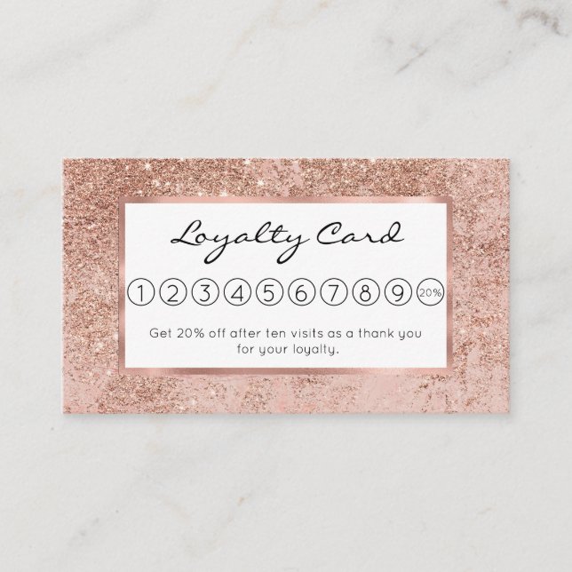 Girly blush coral faux rose gold glitter marble loyalty card (Front)