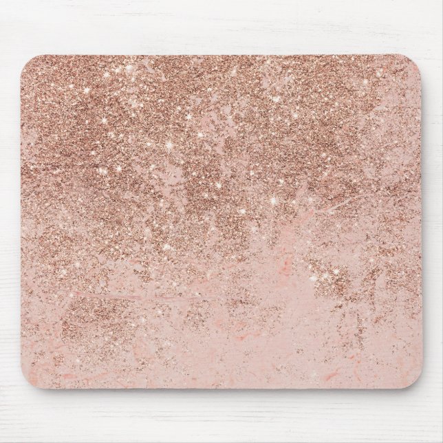 Girly blush coral faux rose gold glitter marble mouse mat (Front)