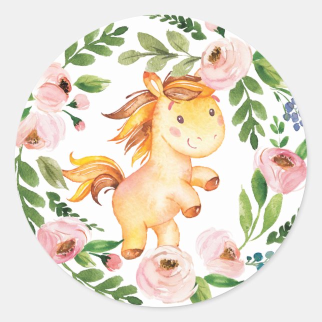 Girly Blush Floral Baby Horse Shower 1st Birthday Classic Round Sticker (Front)