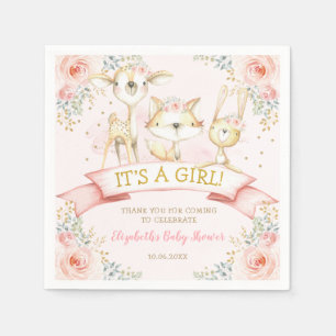 Girly Blush Floral Woodland Animals Baby Shower Napkin