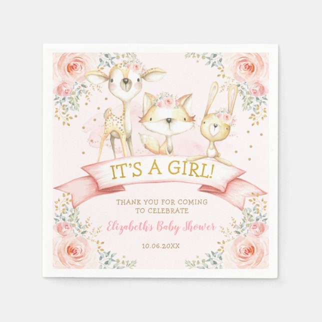Girly Blush Floral Woodland Animals Baby Shower Napkin (Front)
