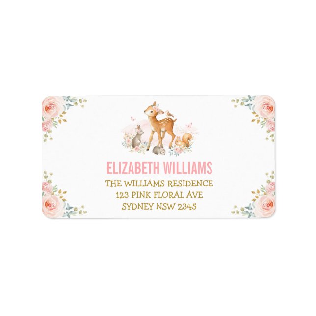 Girly Blush Floral Woodland Animals Return Address Label (Front)