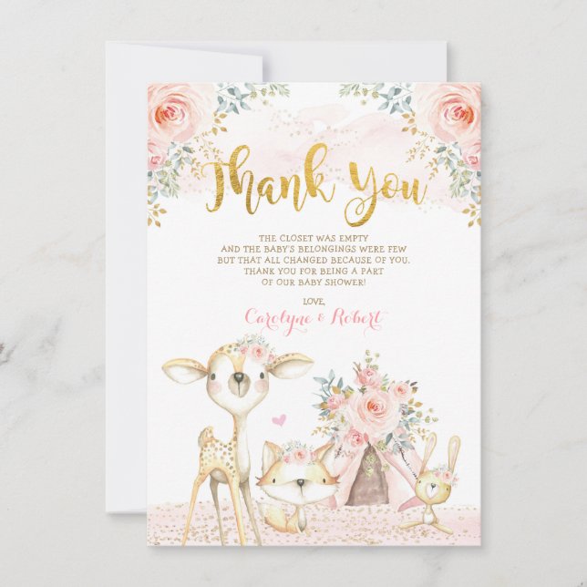 Girly Blush Gold Floral Woodland Baby Shower Thank You Card (Front)