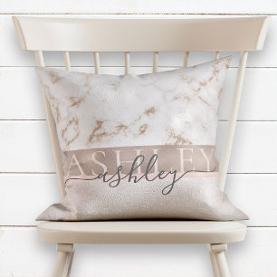 Girly Blush Marble Rose Gold Script Name Monogram Cushion