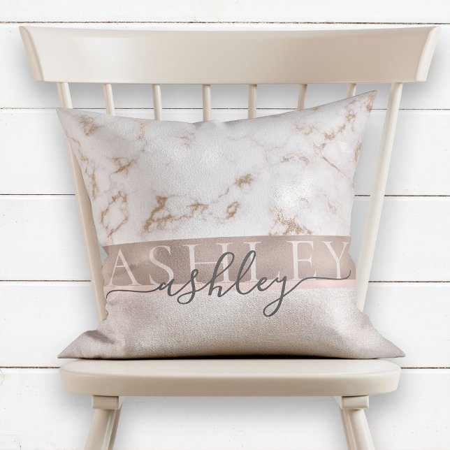 Girly Blush Marble Rose Gold Script Name Monogram Cushion (Creator Uploaded)