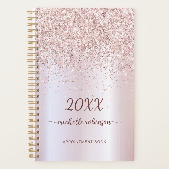 Girly Blush Metal Rose Gold Glitter Monogram 2023 Planner (Front)
