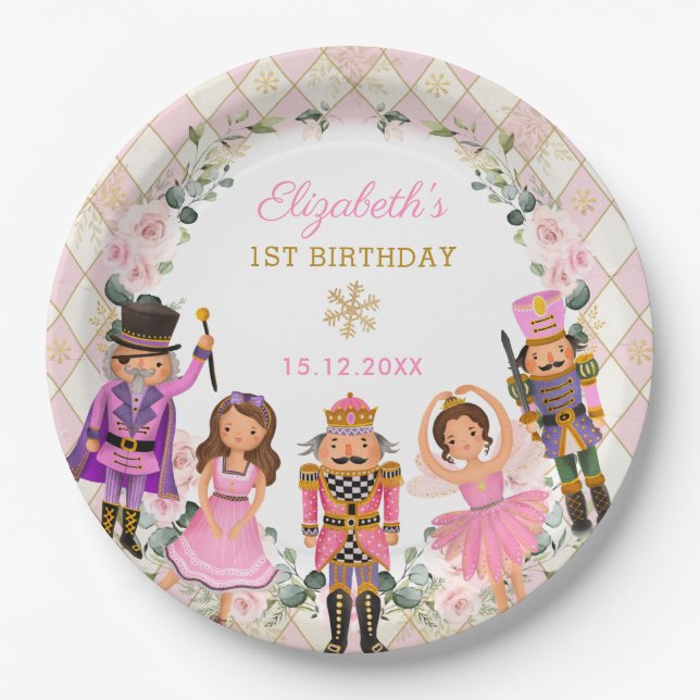 Girly Blush Nutcracker Birthday Party Baby Girl Paper Plate (Front)