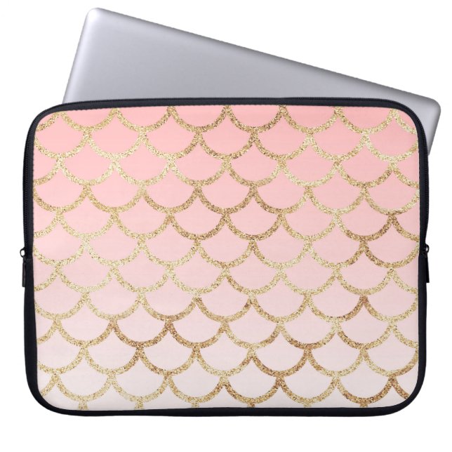 Girly Blush Pink and Gold Mermaid Glitter Sparkles Laptop Sleeve (Front)