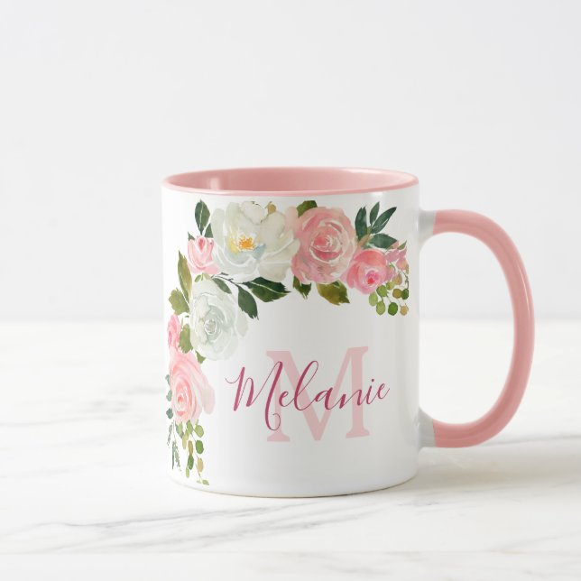 Girly Blush Pink and White Roses Name Monogram Mug (Right)