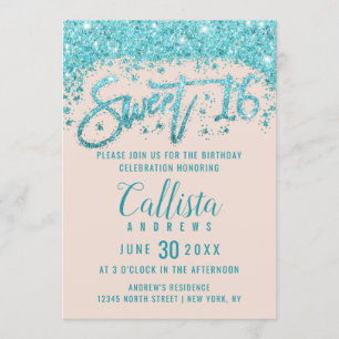 Girly Blush Pink Aqua Blue Glitter Dust Sweet 16 Invitation