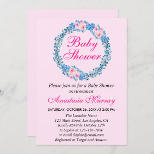 Girly Blush Pink & Blue Floral Wreath Baby Shower Invitation