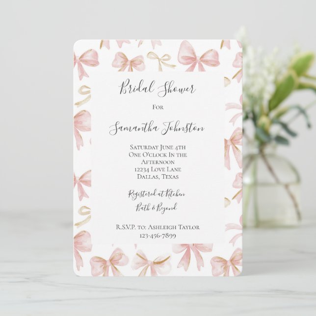 Girly Blush Pink Bows Bridal Shower Invitation (Standing Front)