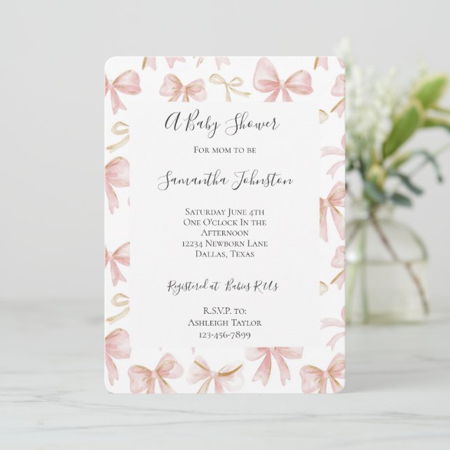Girly Blush Pink Bows Chic Baby Shower Invitation (Standing Front)