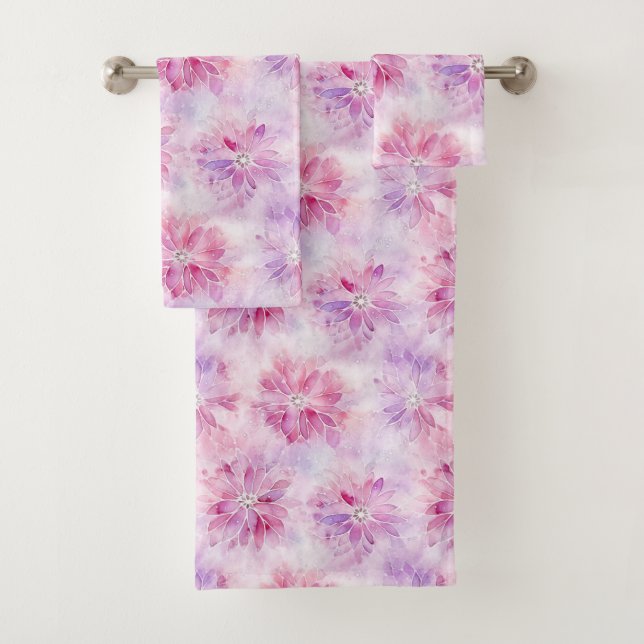 Girly Blush Pink Chic Lavender Floral   Bath Towel Set (Insitu)