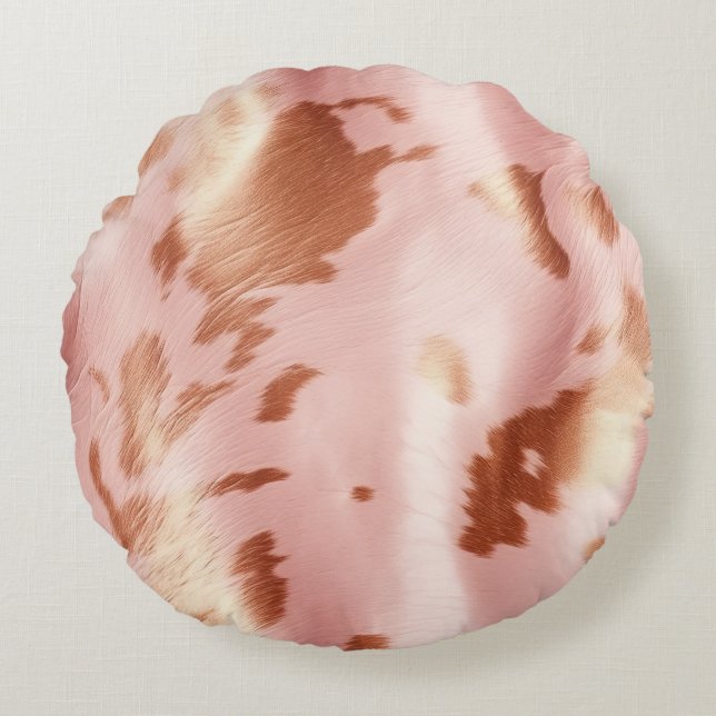 Girly Blush Pink Cream Brown Cowhide Round Cushion (Front)