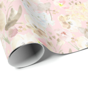 Girly Blush Pink Cream White Floral Wrapping Paper