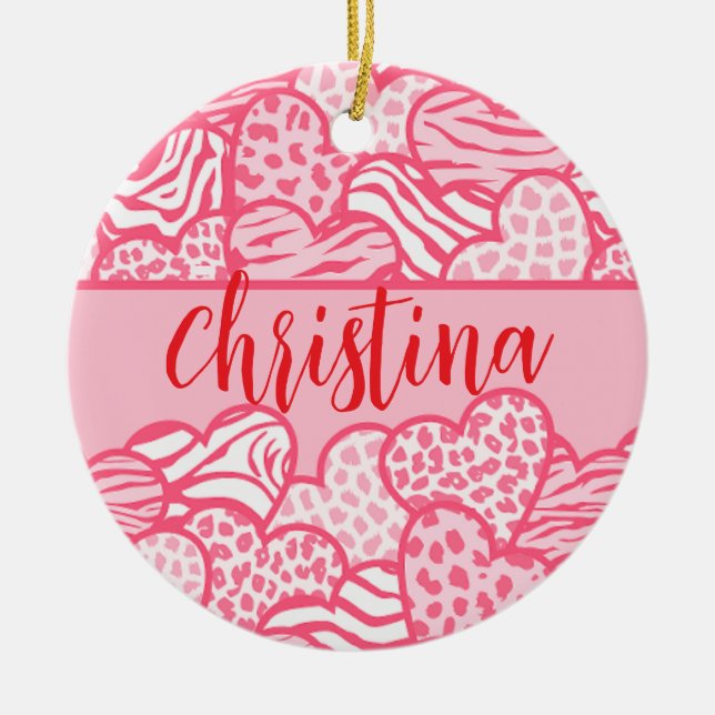 Girly Blush Pink Cute Animal Print Hearts Name  Ceramic Tree Decoration (Front)