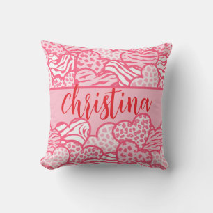 Girly Blush Pink Cute Animal Print Hearts Name  Cushion