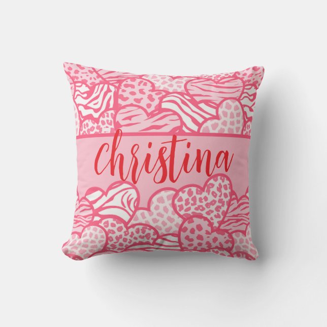 Girly Blush Pink Cute Animal Print Hearts Name  Cushion (Front)