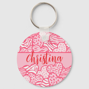 Girly Blush Pink Cute Animal Print Hearts Name  Key Ring
