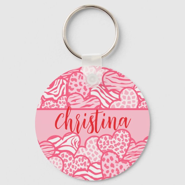 Girly Blush Pink Cute Animal Print Hearts Name  Key Ring (Back)